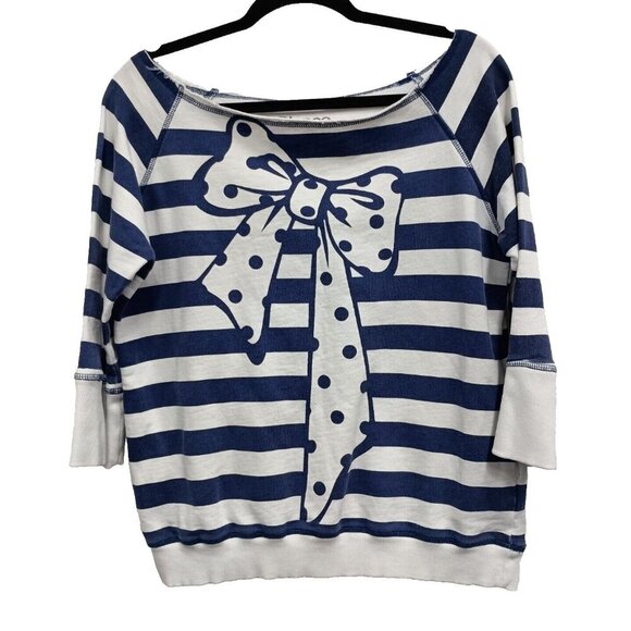 Blanco T Shirts Womens Top Large Blue White Striped Bow Print Boat Neck Terry - Picture 1 of 6